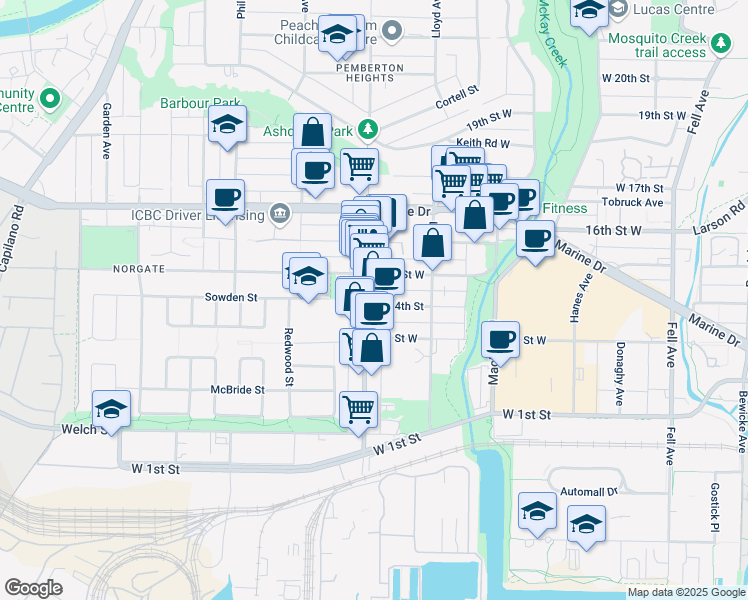 map of restaurants, bars, coffee shops, grocery stores, and more near 1433-B Pemberton Avenue in North Vancouver