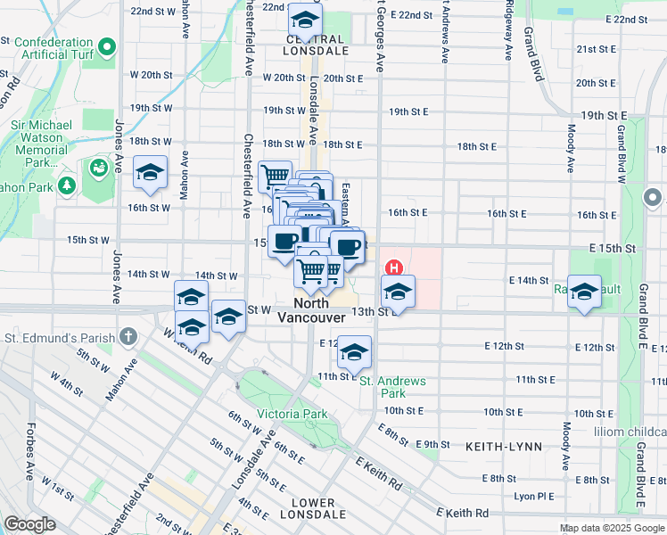 map of restaurants, bars, coffee shops, grocery stores, and more near 120 14th Street East in North Vancouver