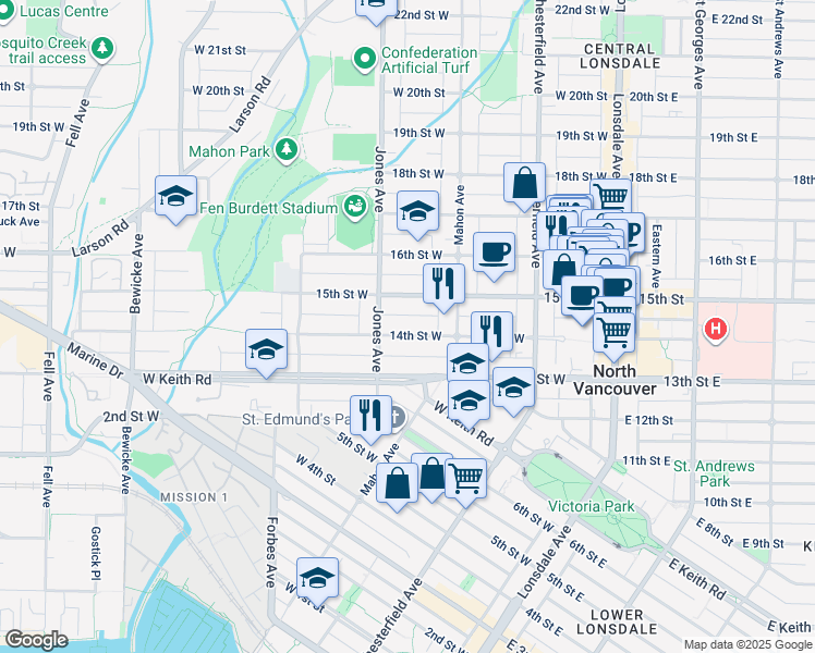 map of restaurants, bars, coffee shops, grocery stores, and more near 346 14th Street West in North Vancouver