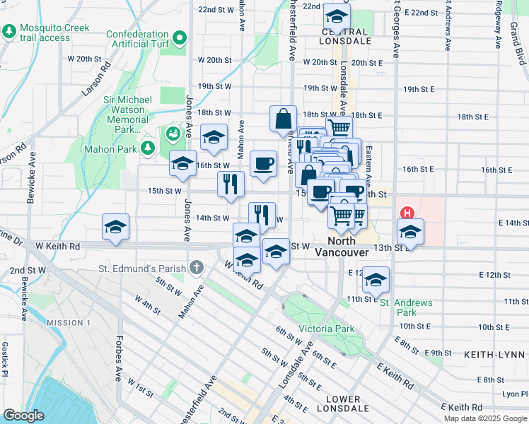 map of restaurants, bars, coffee shops, grocery stores, and more near 230 West 14th Street in North Vancouver