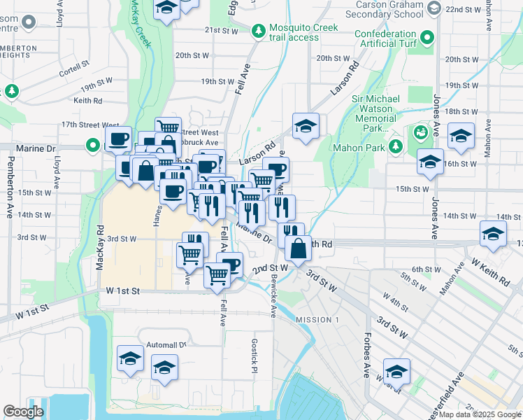 map of restaurants, bars, coffee shops, grocery stores, and more near 8 14th Street West in North Vancouver