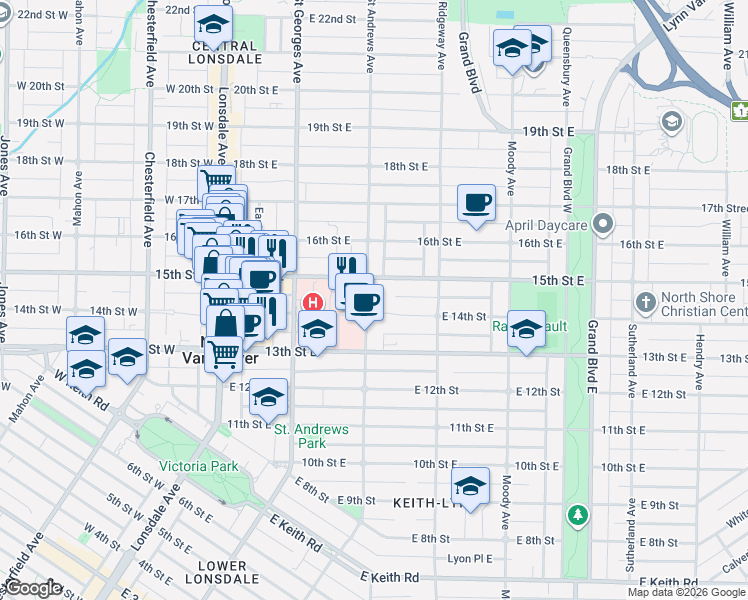 map of restaurants, bars, coffee shops, grocery stores, and more near 1468 Saint Andrews Avenue in North Vancouver