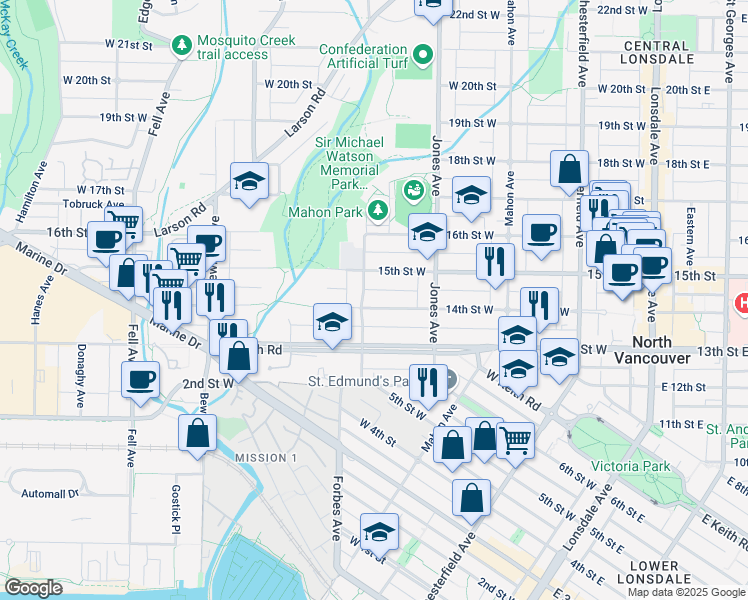 map of restaurants, bars, coffee shops, grocery stores, and more near 460 14th Street West in North Vancouver