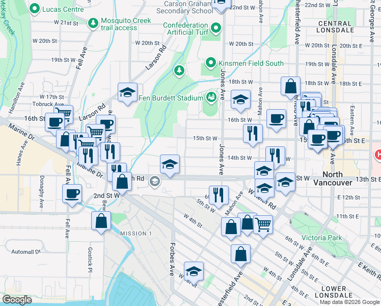 map of restaurants, bars, coffee shops, grocery stores, and more near 460 14th Street West in North Vancouver