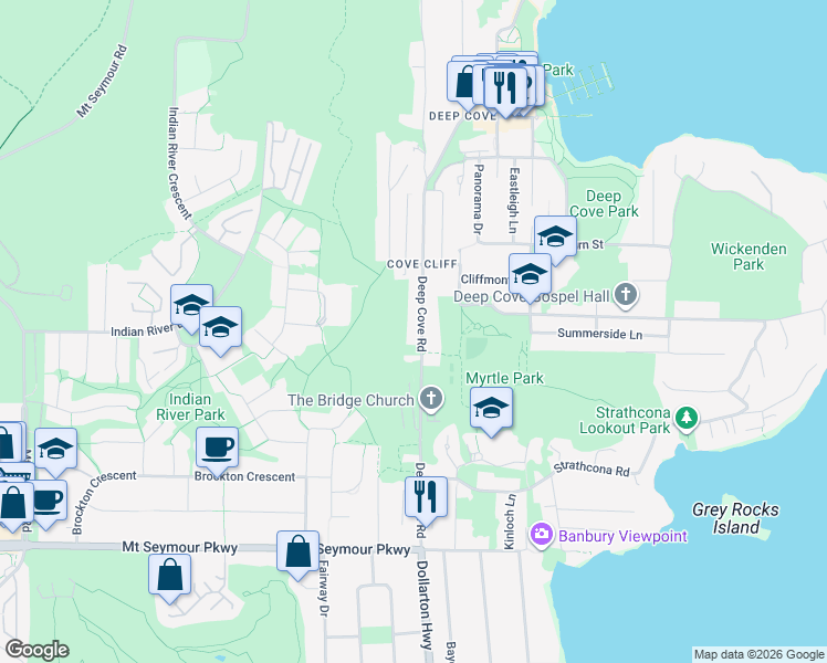 map of restaurants, bars, coffee shops, grocery stores, and more near 1635 Deep Cove Road in North Vancouver