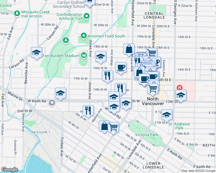 map of restaurants, bars, coffee shops, grocery stores, and more near 1413 Mahon Avenue in North Vancouver
