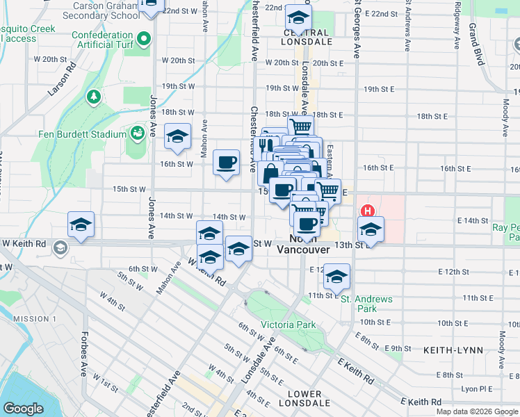 map of restaurants, bars, coffee shops, grocery stores, and more near 1420 Chesterfield Avenue in North Vancouver