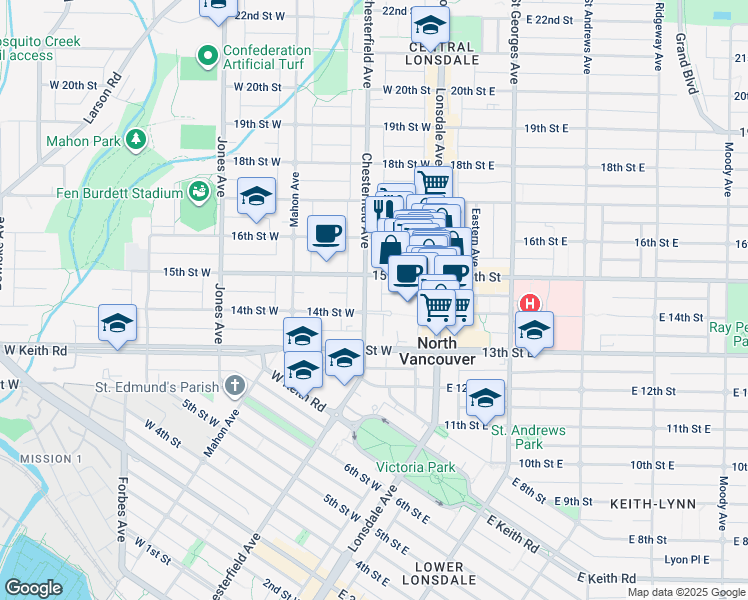 map of restaurants, bars, coffee shops, grocery stores, and more near in North Vancouver