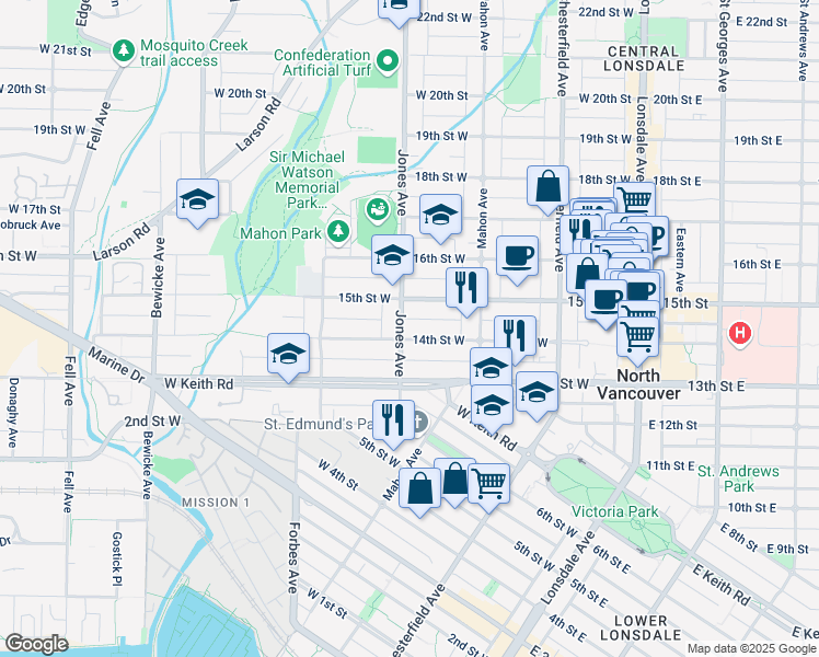 map of restaurants, bars, coffee shops, grocery stores, and more near in North Vancouver