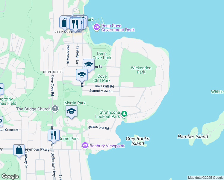 map of restaurants, bars, coffee shops, grocery stores, and more near 4565 Cove Cliff Road in North Vancouver