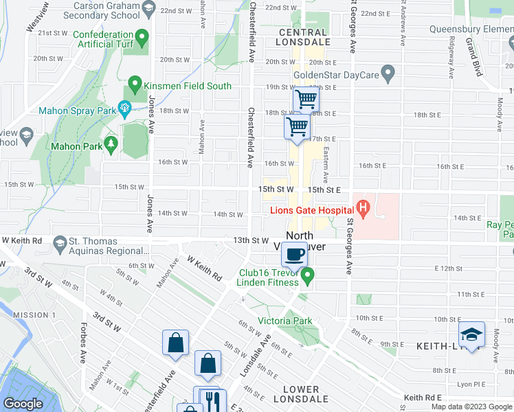 map of restaurants, bars, coffee shops, grocery stores, and more near 1420 Chesterfield Avenue in North Vancouver