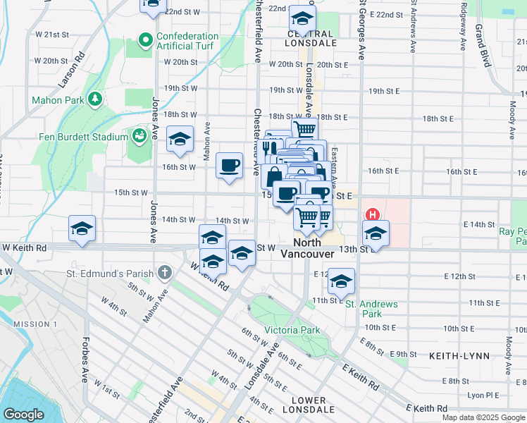 map of restaurants, bars, coffee shops, grocery stores, and more near 1420 Chesterfield Avenue in North Vancouver