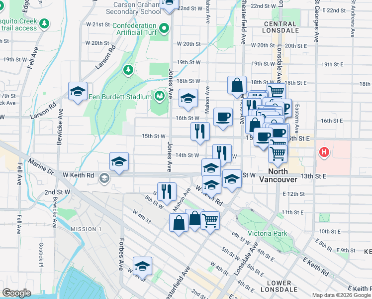 map of restaurants, bars, coffee shops, grocery stores, and more near 332 West 14th Avenue in Vancouver