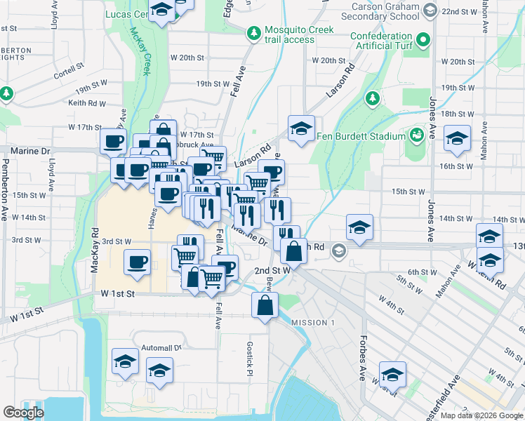 map of restaurants, bars, coffee shops, grocery stores, and more near 728 14th Street West in North Vancouver