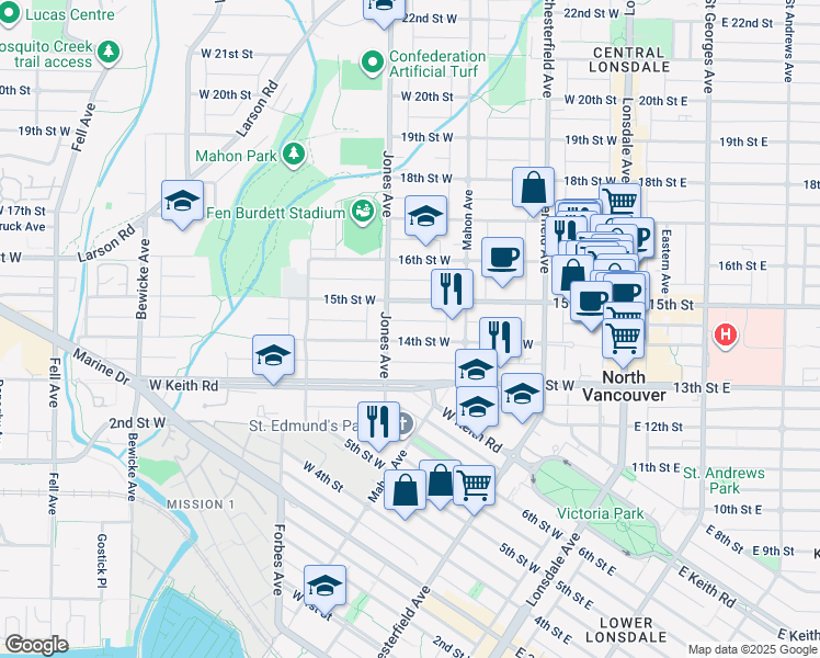 map of restaurants, bars, coffee shops, grocery stores, and more near 346 14th Street West in North Vancouver
