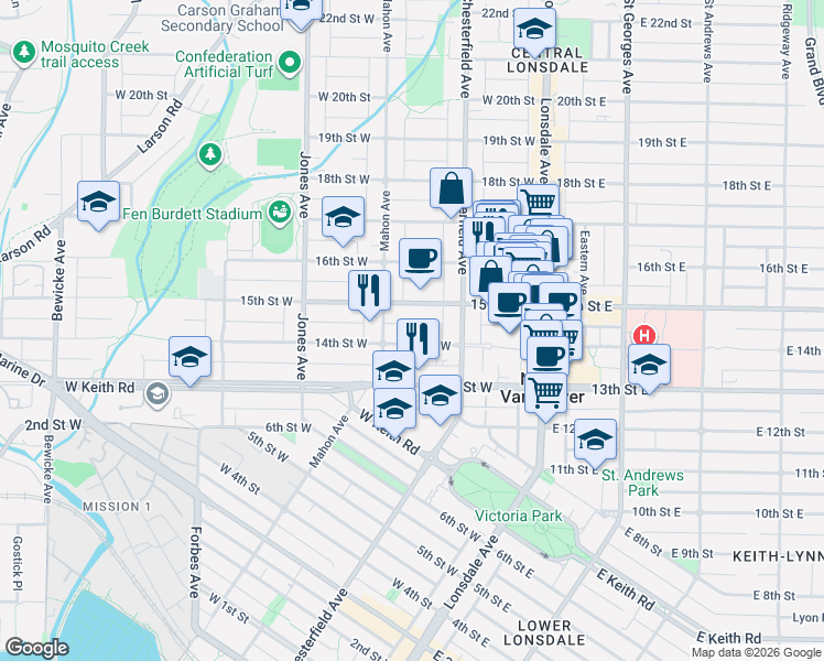 map of restaurants, bars, coffee shops, grocery stores, and more near in Vancouver