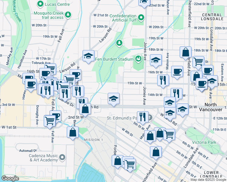map of restaurants, bars, coffee shops, grocery stores, and more near 530 14th Street West in North Vancouver