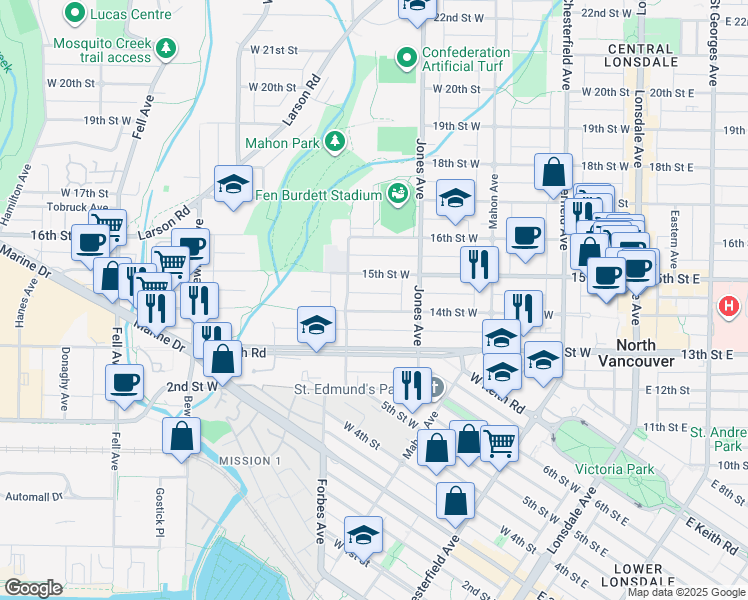 map of restaurants, bars, coffee shops, grocery stores, and more near in North Vancouver