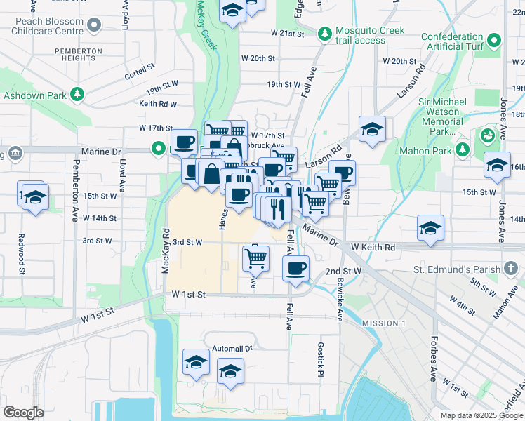 map of restaurants, bars, coffee shops, grocery stores, and more near 845 Marine Drive in North Vancouver