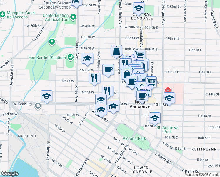 map of restaurants, bars, coffee shops, grocery stores, and more near West 14th Street in Metro Vancouver