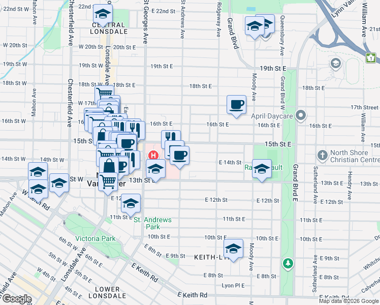 map of restaurants, bars, coffee shops, grocery stores, and more near 1468 Saint Andrews Avenue in North Vancouver