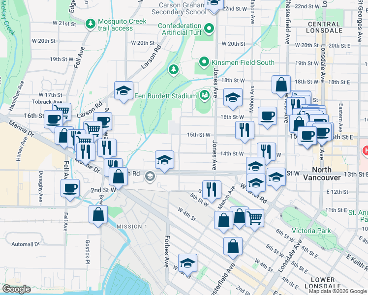 map of restaurants, bars, coffee shops, grocery stores, and more near 462 West 14th Avenue in Vancouver