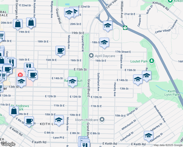 map of restaurants, bars, coffee shops, grocery stores, and more near 1436 Grand Boulevard East in North Vancouver