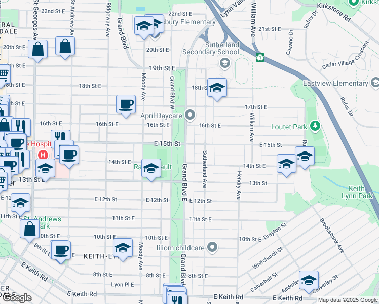 map of restaurants, bars, coffee shops, grocery stores, and more near 1436 Grand Boulevard East in North Vancouver