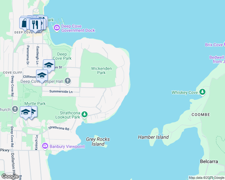 map of restaurants, bars, coffee shops, grocery stores, and more near 4755 Cove Cliff Road in North Vancouver