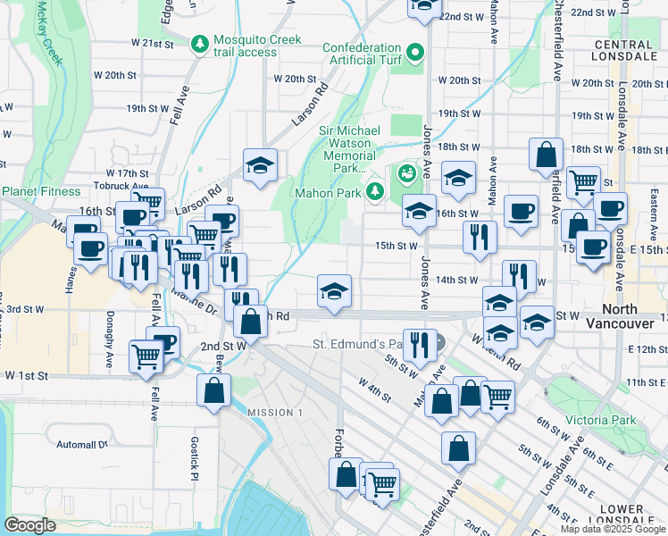 map of restaurants, bars, coffee shops, grocery stores, and more near in North Vancouver