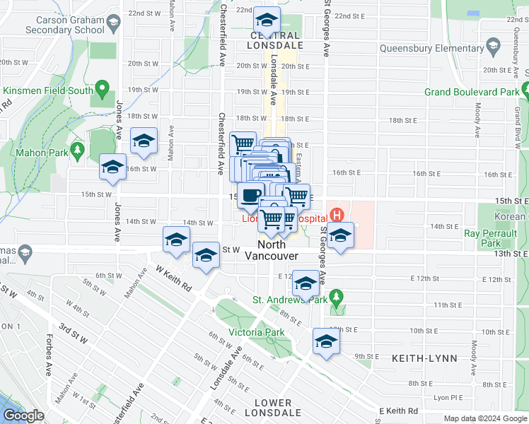 map of restaurants, bars, coffee shops, grocery stores, and more near 1433 Lonsdale Avenue in North Vancouver