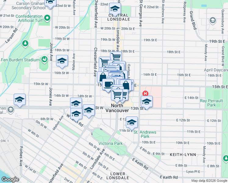 map of restaurants, bars, coffee shops, grocery stores, and more near 1433 Lonsdale Avenue in North Vancouver