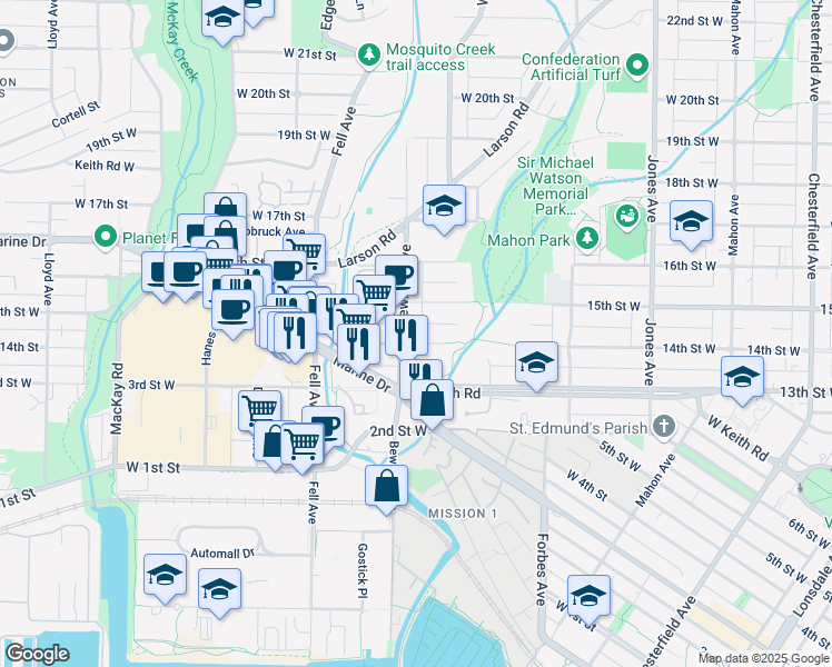 map of restaurants, bars, coffee shops, grocery stores, and more near 1420 Bewicke Avenue in North Vancouver