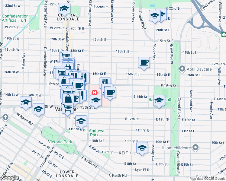 map of restaurants, bars, coffee shops, grocery stores, and more near 1468 Saint Andrews Avenue in North Vancouver