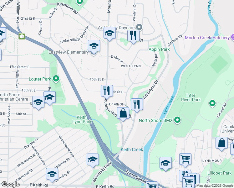 map of restaurants, bars, coffee shops, grocery stores, and more near 1361 15th Street East in North Vancouver