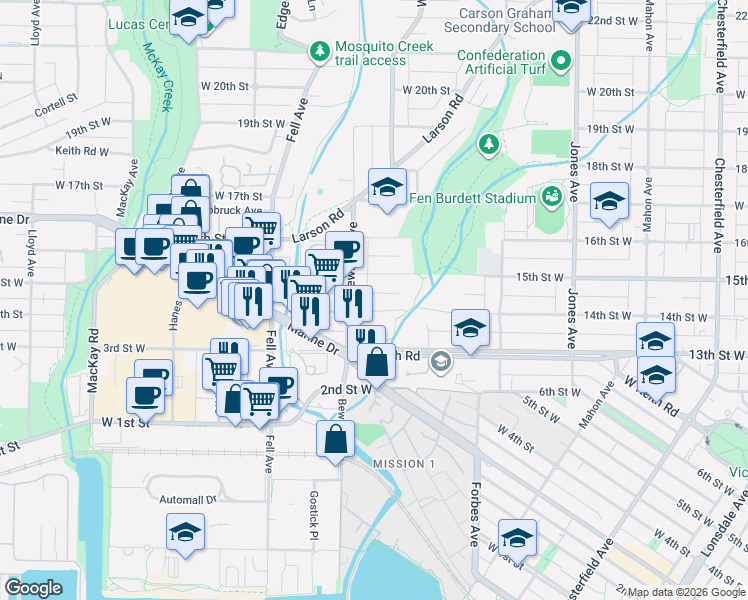 map of restaurants, bars, coffee shops, grocery stores, and more near 652 14th Street West in North Vancouver