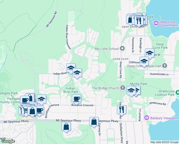 map of restaurants, bars, coffee shops, grocery stores, and more near 1651 Coldwell Road in North Vancouver