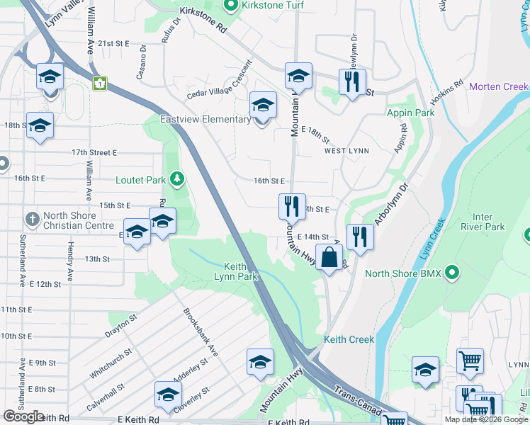 map of restaurants, bars, coffee shops, grocery stores, and more near 1177 15th Street East in North Vancouver