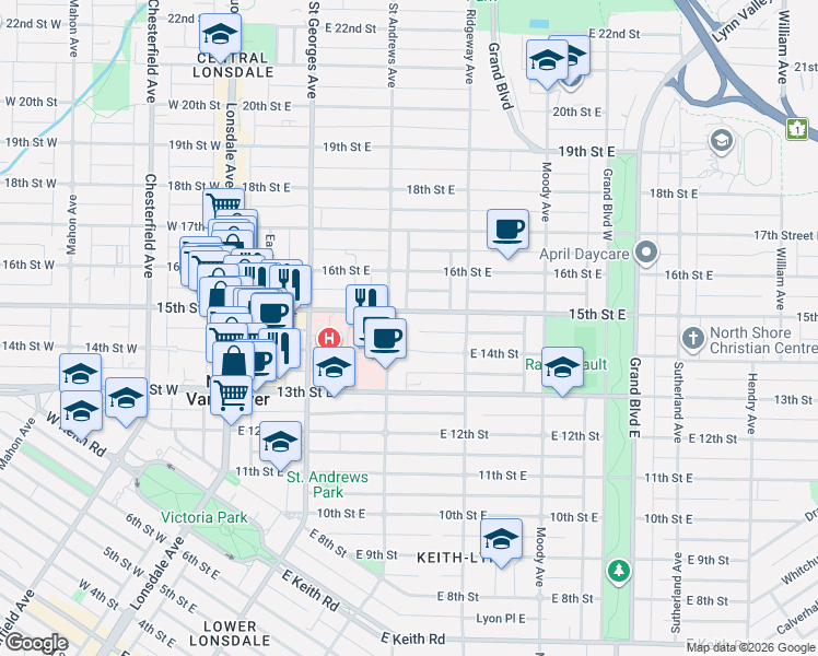 map of restaurants, bars, coffee shops, grocery stores, and more near 1468 Saint Andrews Avenue in North Vancouver