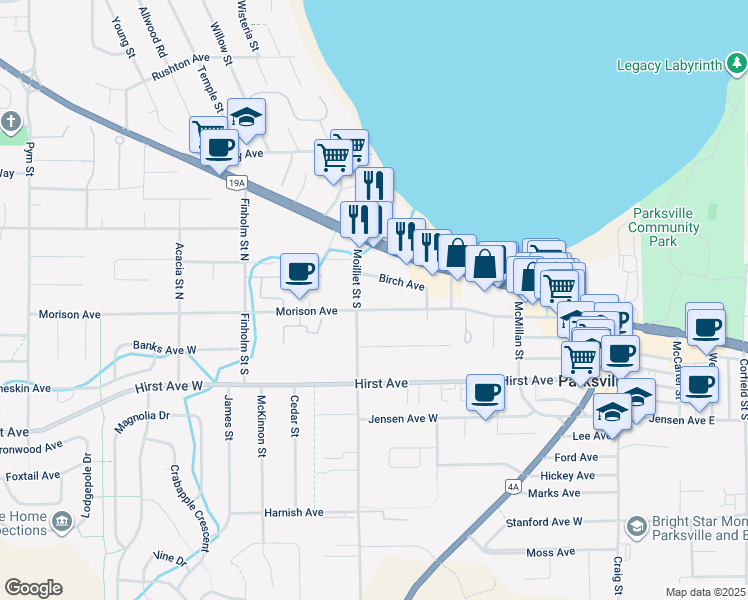 map of restaurants, bars, coffee shops, grocery stores, and more near in Parksville