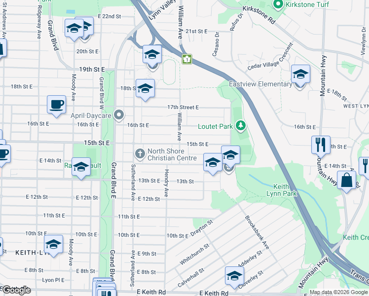 map of restaurants, bars, coffee shops, grocery stores, and more near 1458 William Avenue in North Vancouver