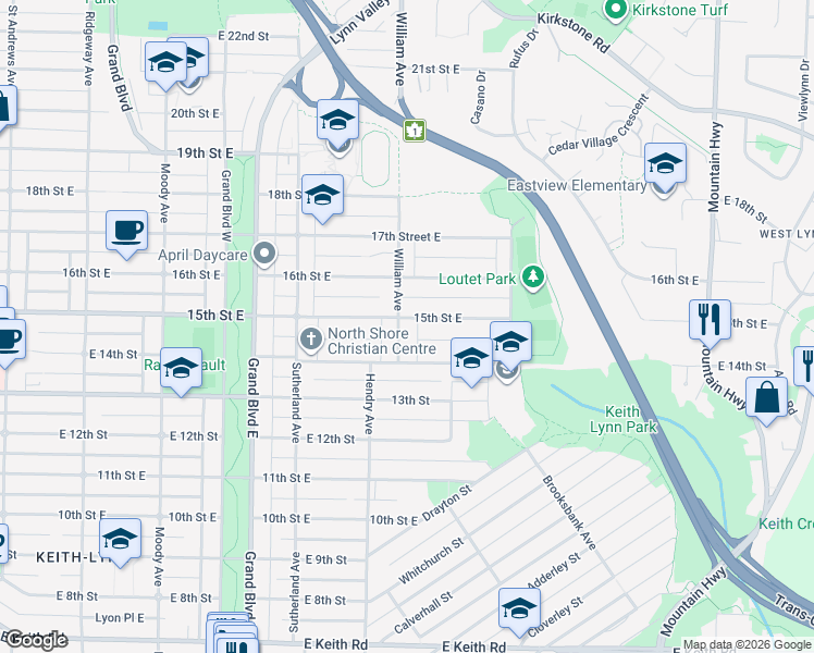 map of restaurants, bars, coffee shops, grocery stores, and more near 1458 William Avenue in North Vancouver