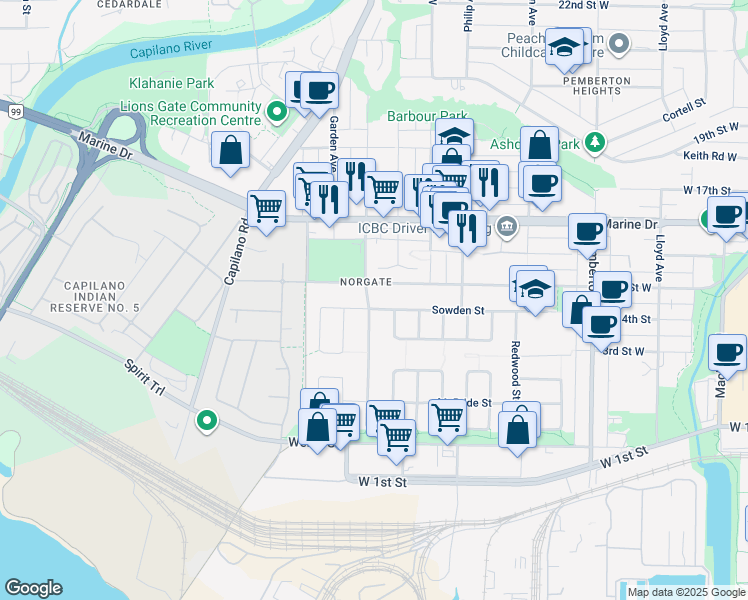 map of restaurants, bars, coffee shops, grocery stores, and more near 1692 Sowden Street in North Vancouver