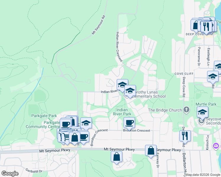map of restaurants, bars, coffee shops, grocery stores, and more near 3939 Indian River Drive in North Vancouver