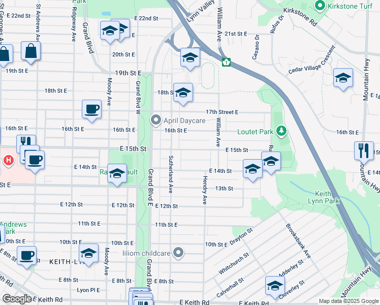 map of restaurants, bars, coffee shops, grocery stores, and more near in North Vancouver