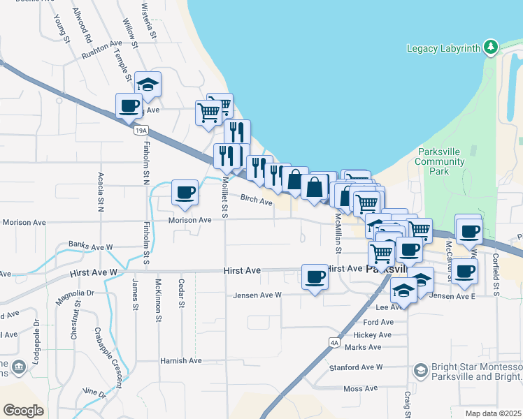 map of restaurants, bars, coffee shops, grocery stores, and more near 345 Morison Avenue in Parksville