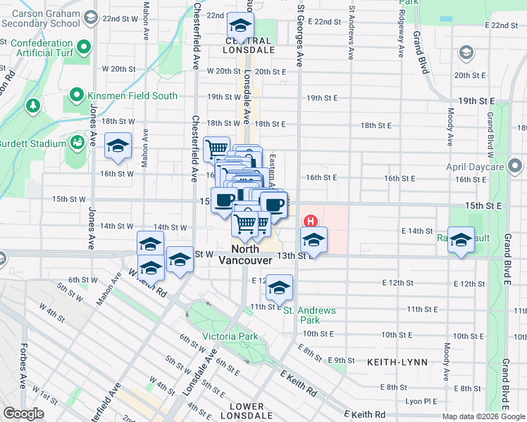map of restaurants, bars, coffee shops, grocery stores, and more near 123 15th Street East in North Vancouver