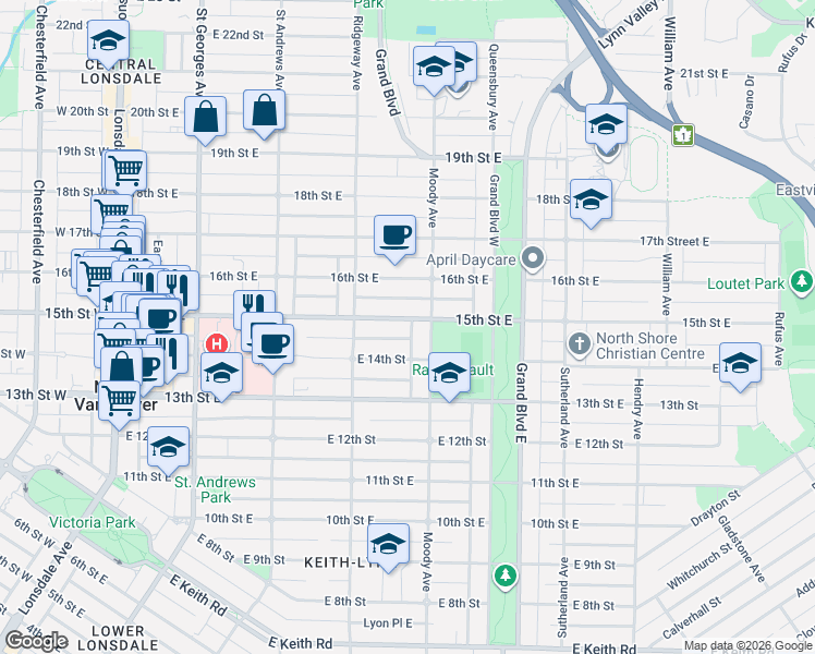 map of restaurants, bars, coffee shops, grocery stores, and more near 449 15th Street East in North Vancouver