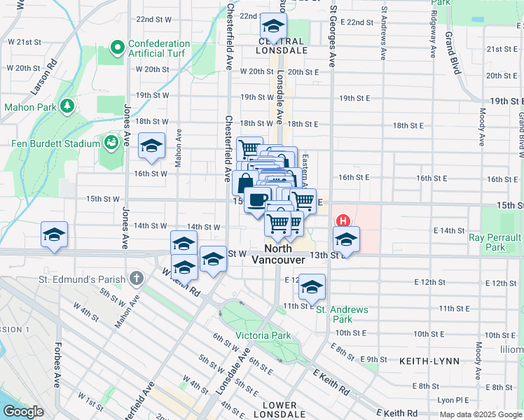 map of restaurants, bars, coffee shops, grocery stores, and more near 121 15th Street West in North Vancouver