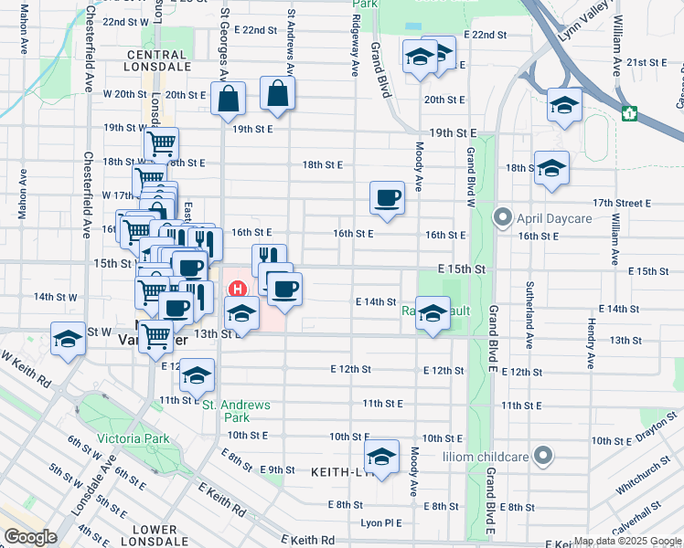 map of restaurants, bars, coffee shops, grocery stores, and more near 361 15th Street East in North Vancouver